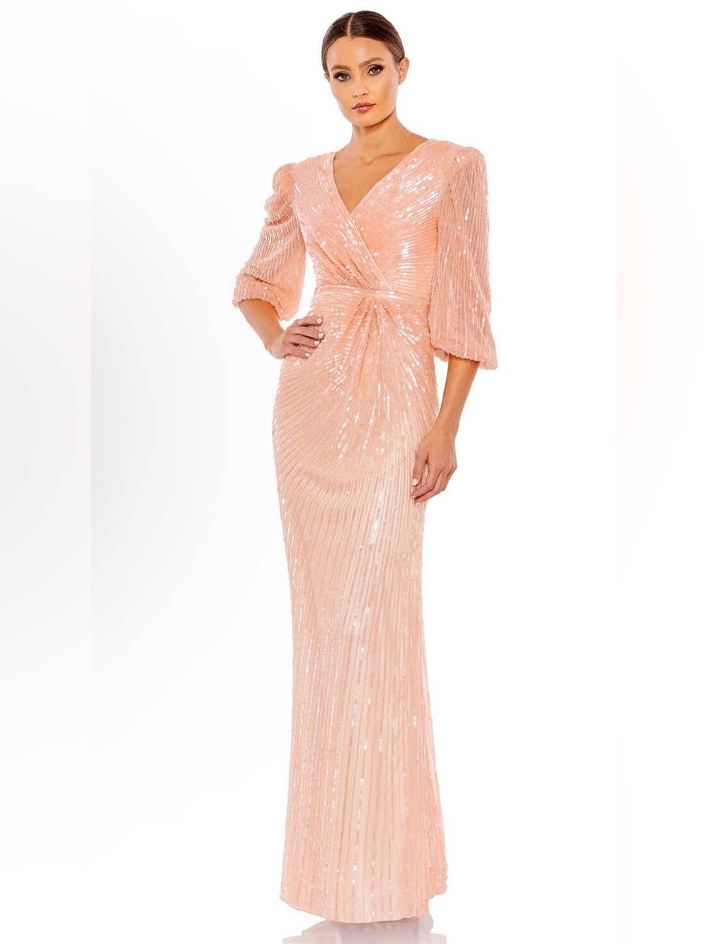 Mac Duggal $598 NWT Size 8 Sequin 3/4 Sleeve Gown Peach Gown Style #5614